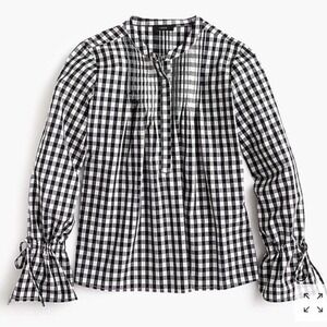 NWT J. Crew Women's Tie Sleeve Gingham Blouse Top Black Sz TS Preppy Cottagecore